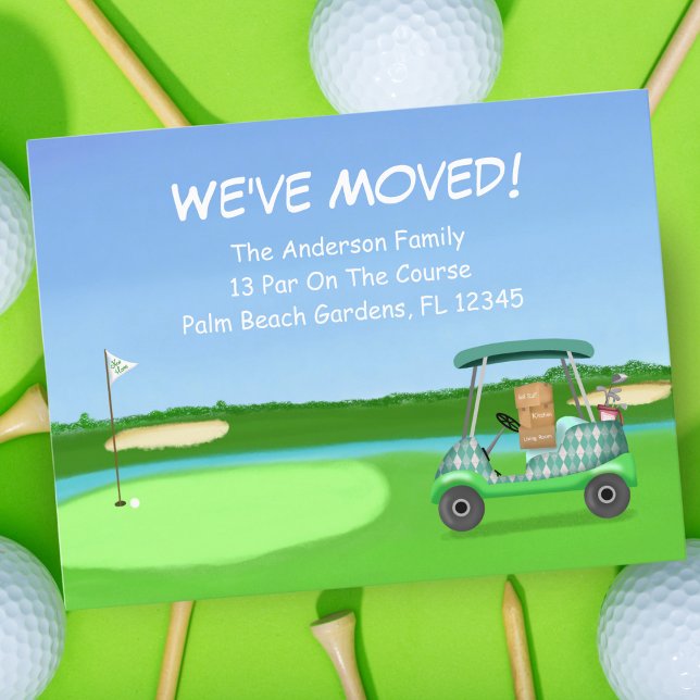 Wir haben Golf Cart mit bewegten Boxen Golf versch Ankündigungspostkarte (Tee up for this fun moving announcement that features a golf cart with moving boxes. )