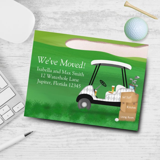 Wir haben Golf Cart mit bewegten Boxen verschoben Ankündigungspostkarte (For all the golfers out there, this moving announcement is a hole-in-one! )