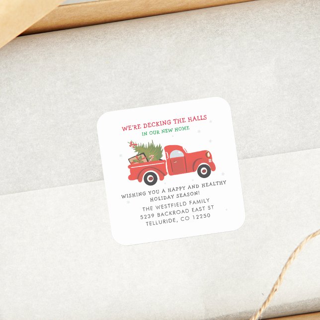 Wir haben neue Adresse Red Truck Weihnachtsfahrt v Quadratischer Aufkleber (Moving Announcement Stickers Featuring Classic Red Truck)