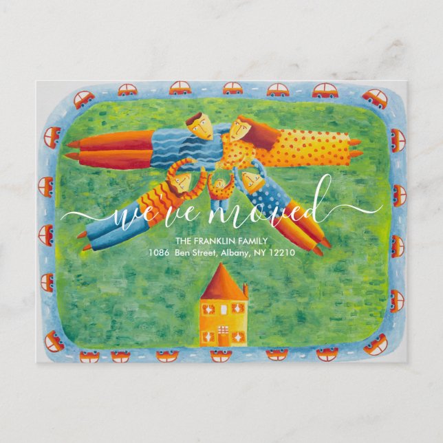 Wir haben neue Zuhause Niedliche Familiendarstellu Ankündigungspostkarte (Vorderseite)