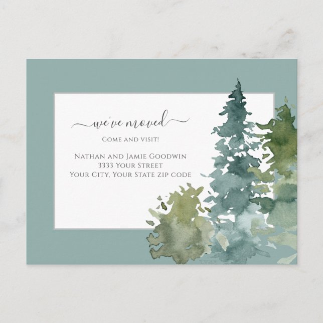 Wir haben neue Zuhause Script Pine Tree Aquamarin  Postkarte (Vorderseite)