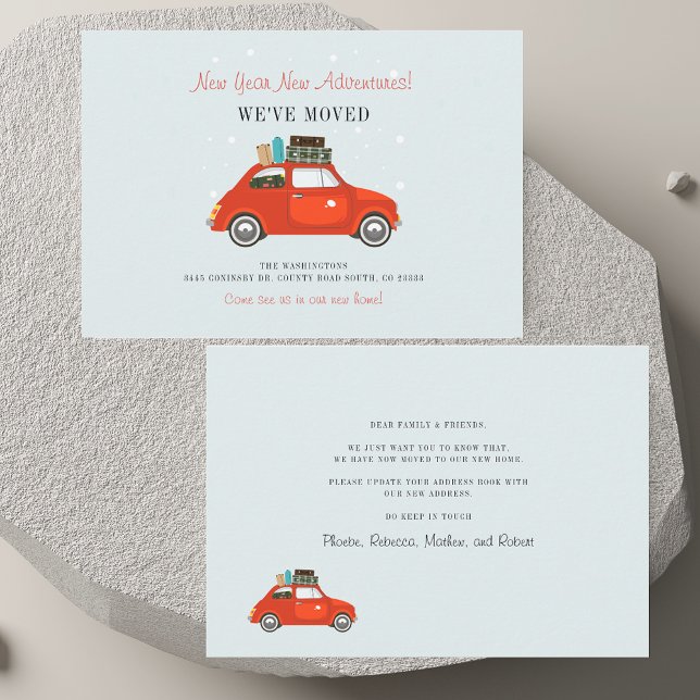 Wir haben Neujahrsabenteuer auf dem Roten Auto ver Mitteilungskarte (We've Moved New Year Adventures Red Car Moving Note Card)