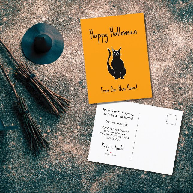 Wir haben Orange Halloween Black Cat Moving Ankündigungspostkarte (Von Creator hochgeladen)