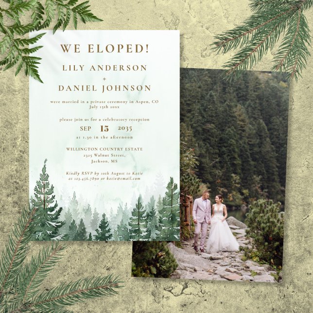 Wir haben Pinienwald Elopement Hochzeit Foto Einladung (We Eloped Pine Forest Elopement Wedding Photo Invitation)