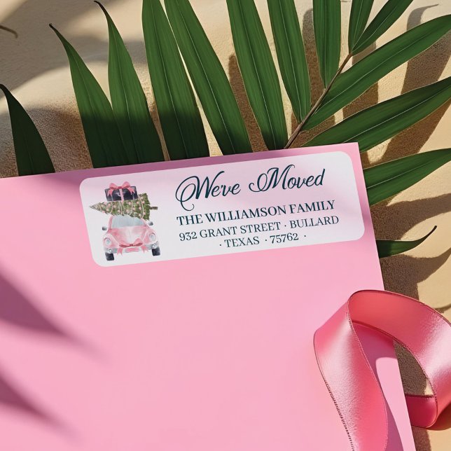 Wir haben Pink Retro Auto Weihnachtsbaum Gepäck be (We've Moved Pink Retro Car Christmas Tree Luggage Label)