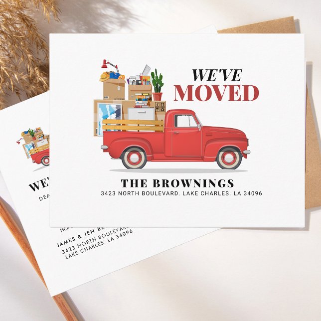 Wir haben Red Truck neue Adresse verschoben Ankündigungspostkarte (Watercolor Red Truck Moving Announcement Postcard)