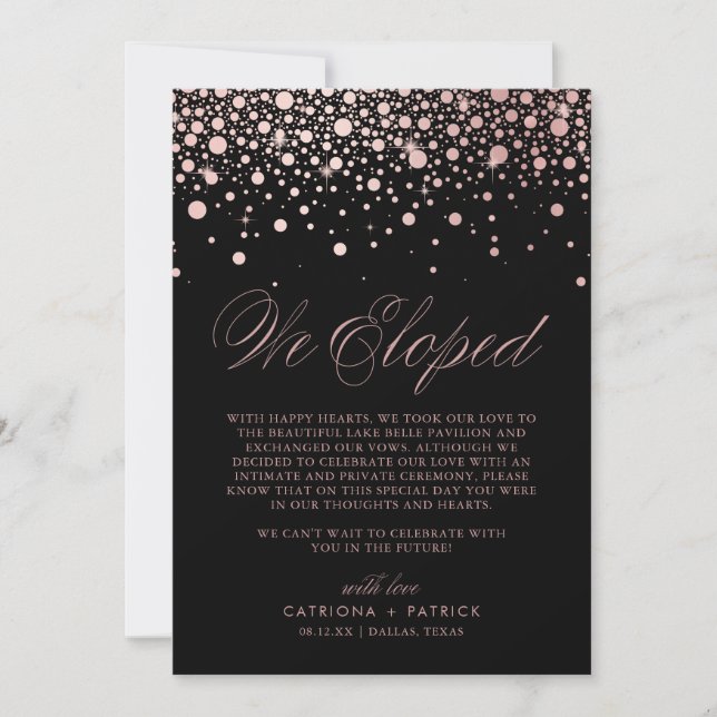 Wir haben Rose Gold Foil Confetti Black Wedding Ankündigung (Vorderseite)