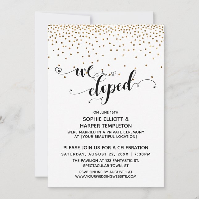 Wir haben Script, Gold Confetti, Empfang Einladung (Vorderseite)
