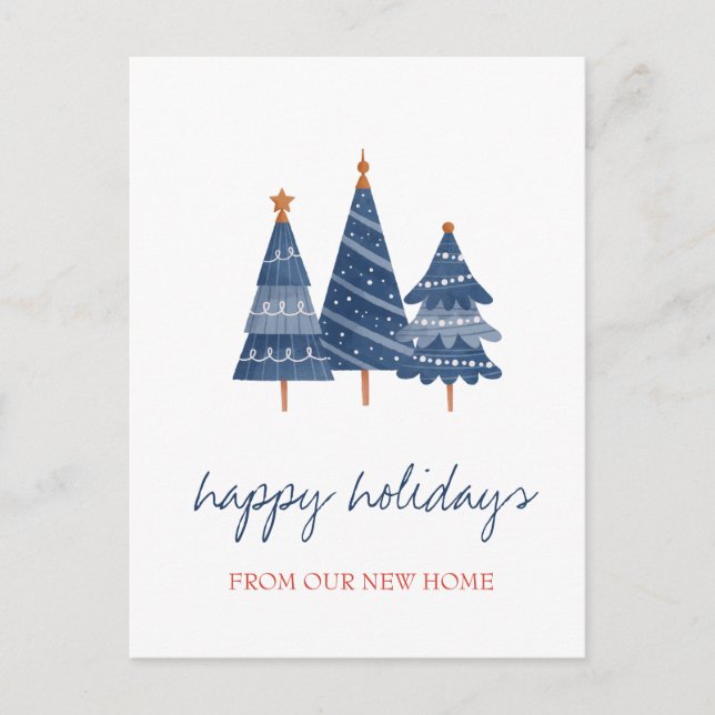 Wir haben uns bewegt, Blue Christmas Tree Urlaub Ankündigungspostkarte (Vorderseite)