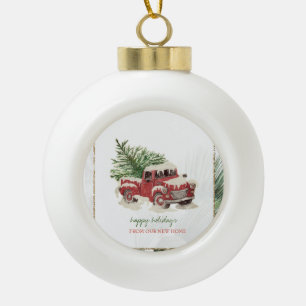 Wir haben uns bewegt, roter Lkw, Schneeschuhwander Keramik Kugel-Ornament