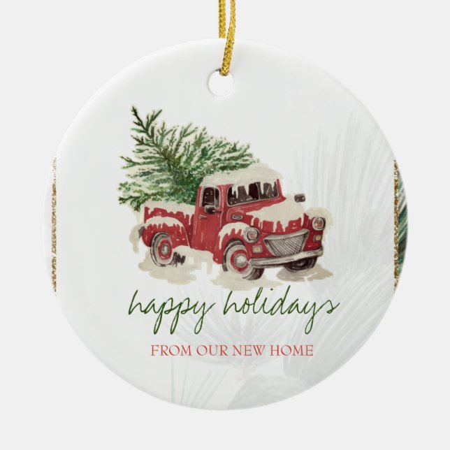 Wir haben uns bewegt, roter Lkw, Schneeschuhwander Keramik Ornament (Vorne)