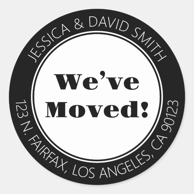 Wir haben uns bewegt! | Schwarz-Weiß-Rücksendeadre Runder Aufkleber (Vorderseite)