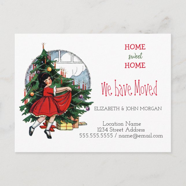 Wir haben uns bewegt, Vintages Baummädchen Ankündigungspostkarte (Vorderseite)