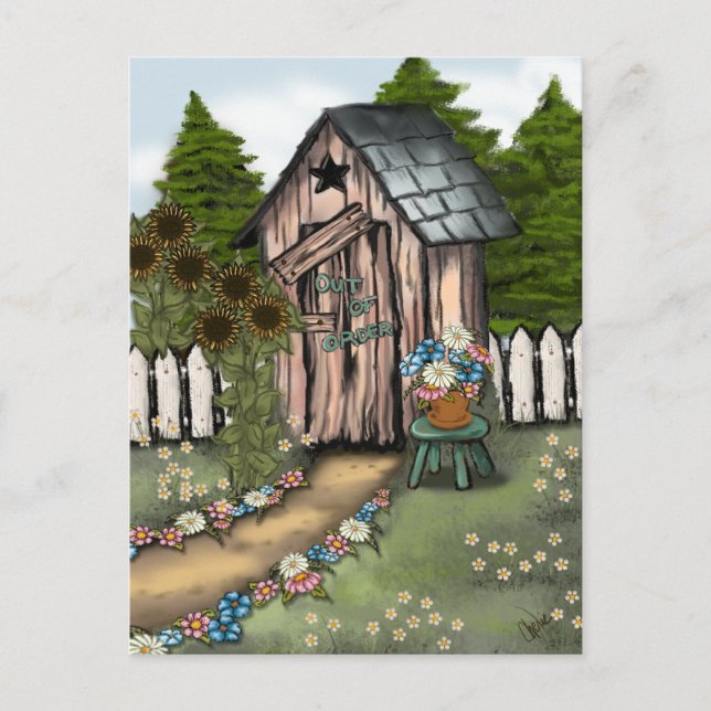 Wir haben uns bewegt! Whimsical Outhouse Postkarte (Vorderseite)