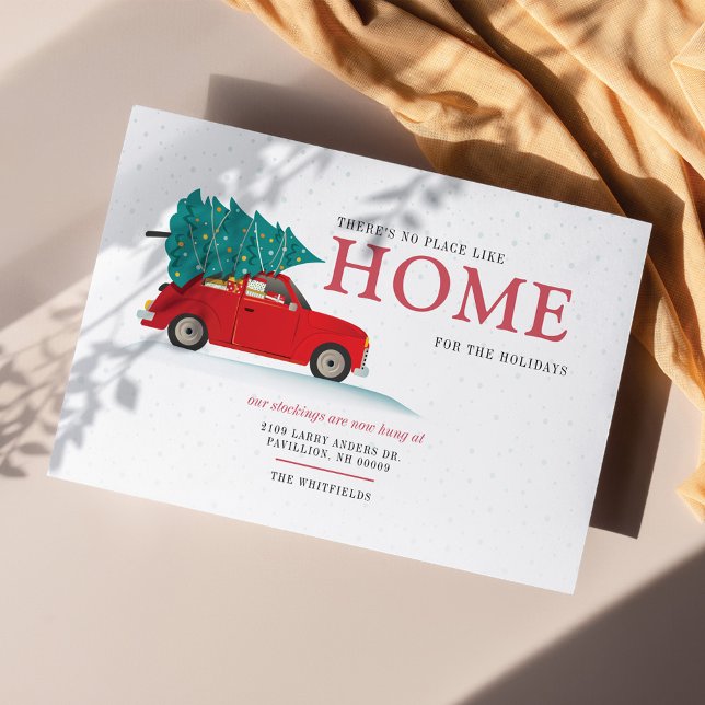 Wir haben Weihnachten neue Adresse Red Car bewegen Ankündigungspostkarte (Moving Home Update Christmas Holidays Announcement Postcard)