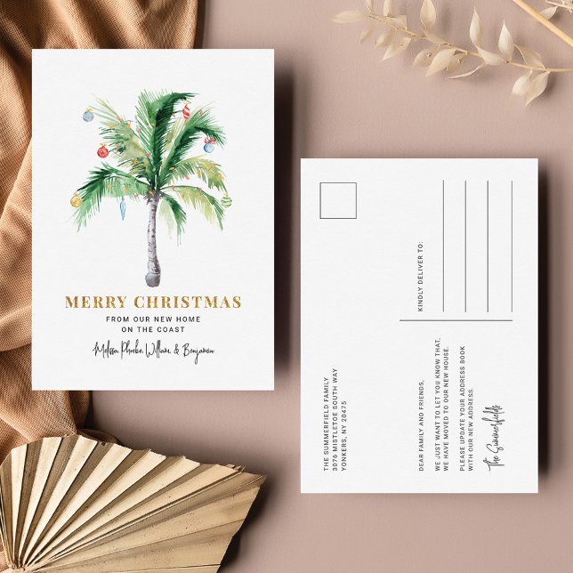 Wir haben Weihnachtsfeiertage Palmenbaum bewegt Feiertagspostkarte (Palm Tree Christmas Moving Coastal New Holiday Address Announcement Postcard)
