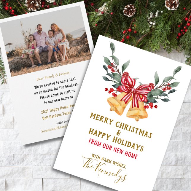 Wir haben Weihnachtsglocken Red Bow Holiday Foto v Ankündigung (We've Moved Christmas Bells Red Bow Holiday Photo Announcement)