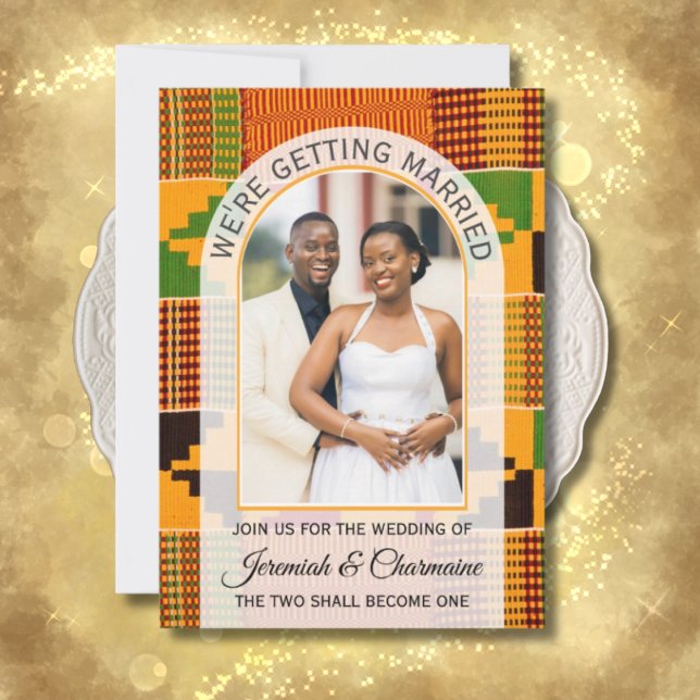 WIR HEIRATEN Ghanaische Kente HOCHZEIT Einladung (Kente wedding invitation with arch photo template and QR code.)