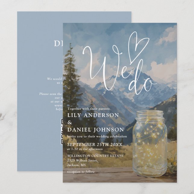 Wir heiraten Rustikale Berg-Mason-Glas-QR-Code-Hoc Einladung (Vorne/Hinten)
