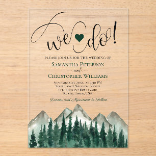 Wir heiraten! Rustikale elegante Berge und Kiefern Acryleinladungen