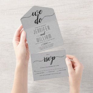"Wir heiraten"-Schrift Kalligrafie graues Kraft Ho All In One Einladung