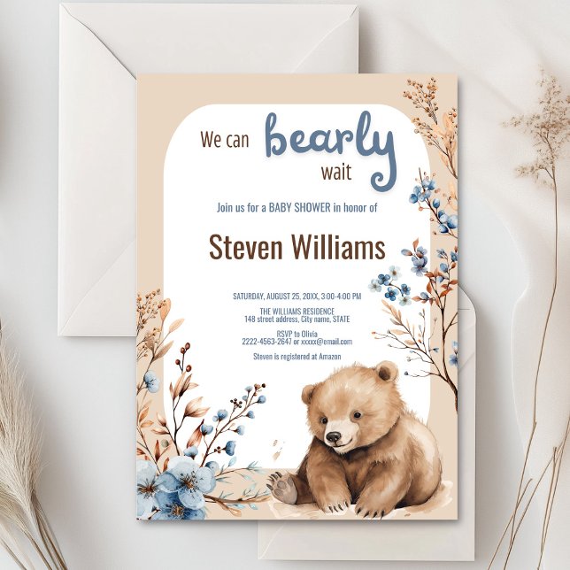 Wir können die Einladung der Babydusche abwarten (Cute bear with rustic blue flowers baby shower invitation)