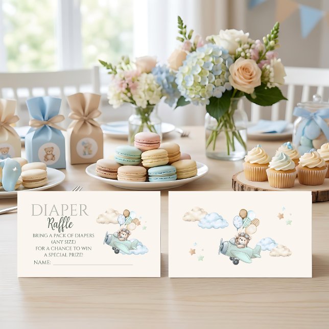 Wir können es kaum erwarten Bären Flugzeug Windel  Begleitkarte (Aviator Teddy Bear Baby Shower Diaper Raffle Card. Blue Boy Airplane Game. We Can Bearly Wait.)