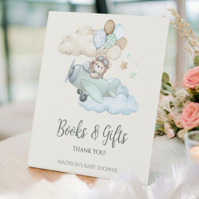 Wir können es kaum erwarten Flugzeug Bücher und Ge Sockelschild (Aviator Teddy Bear Baby Shower Books and Gifts Pedestal Sign. Blue Boy Airplane. We Can Bearly Wait.)