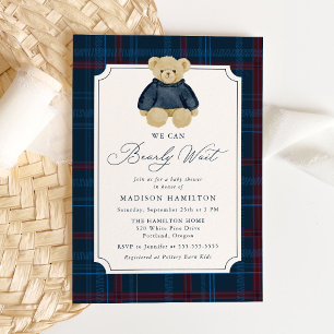 Wir können es kaum erwarten, Plaid Teddy Bär Baby- Einladung