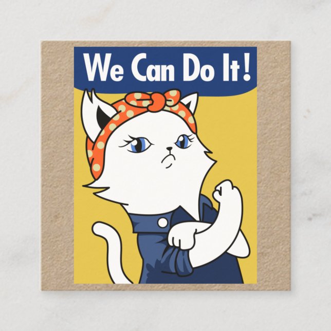 Wir können es tun! Weiße Katze Rosie The Riveter S Quadratische Visitenkarte (Vorderseite)