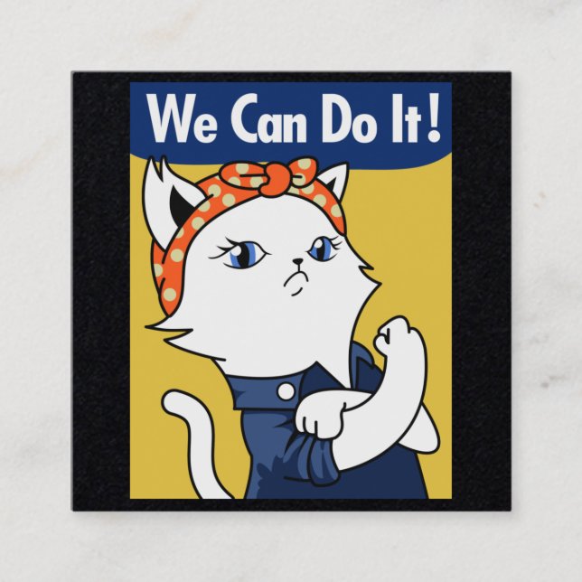 Wir können es tun! Weiße Katze Rosie The Riveter S Quadratische Visitenkarte (Vorderseite)