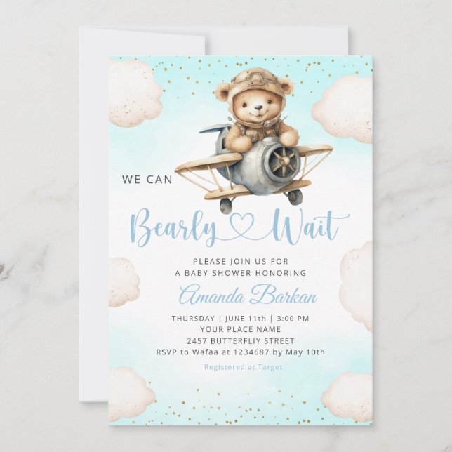 Wir können frühes Warten Aquarell Blue Boy Baby Du Einladung (Vorderseite)