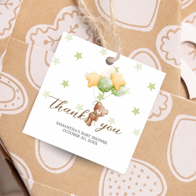 Wir können frühzeitig abwarten Balloon Baby Showpl Geschenkanhänger (Bear Balloon Baby Shower Square Favor Tags)