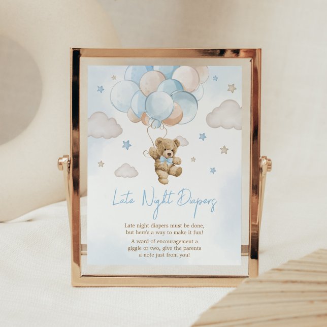 Wir können frühzeitig abwarten Bärenballon spät ab Poster (Teddy Bear Balloon Baby Shower Late Night Diapers Sign)