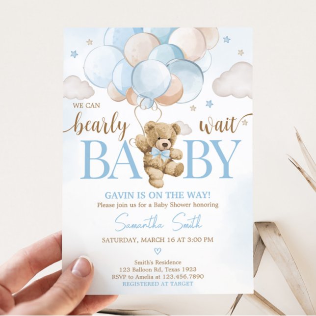 Wir können frühzeitig abwarten Bear Balloon Baby D Einladung (Teddy Bear Balloon Baby Shower Invitation)