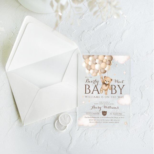 Wir können frühzeitig auf Balloon Bear Baby Dusche Acryleinladungen (Von Creator hochgeladen)