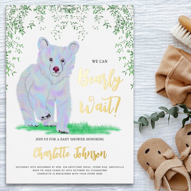 Wir können frühzeitig auf Blaubärenwald warten, fl Folieneinladung (We can bearly wait cute bluewatercolor bear cub gold foil baby shower invitation)