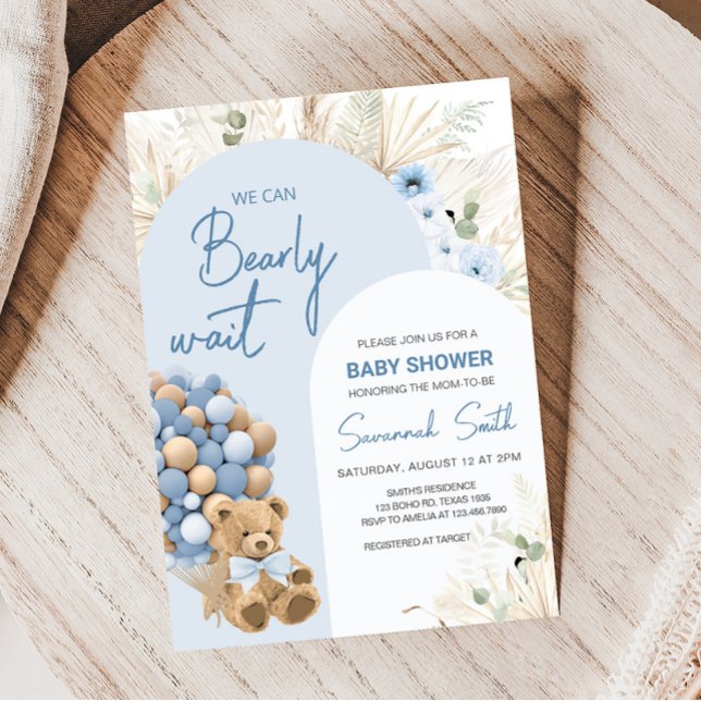 Wir können frühzeitig auf Blue Baby Dusche warten Einladung (Boho Blue Bear Baby Shower Invitation)