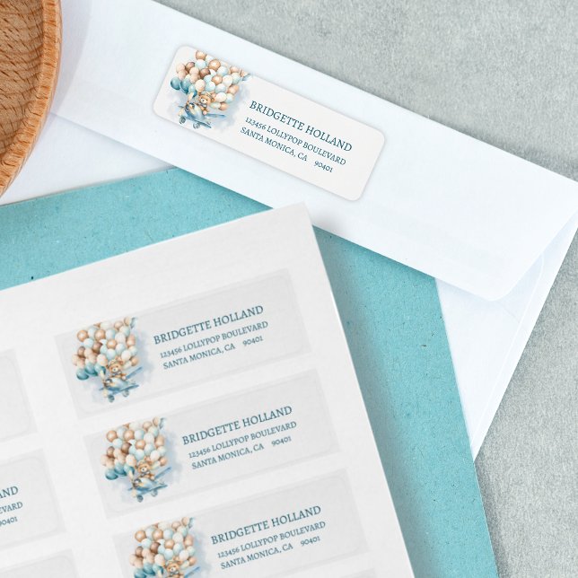 Wir können frühzeitig auf Blue Balloons Babydusche (We can bearly wait address labels, baby shower, cute teddy bear, blue balloons)