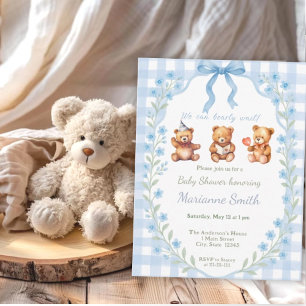 Wir können frühzeitig auf Blue Floral Gingham Baby Einladung