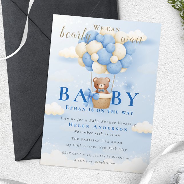 Wir können frühzeitig auf Blue Teddy Bear Baby Dus Einladung (Teddy Bear Balloon Boy Bearly Wait Baby Shower Invitation)