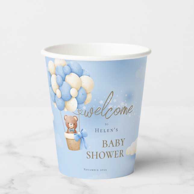 Wir können frühzeitig auf Blue Teddy Bear Baby Dus Pappbecher (Vorderseite)