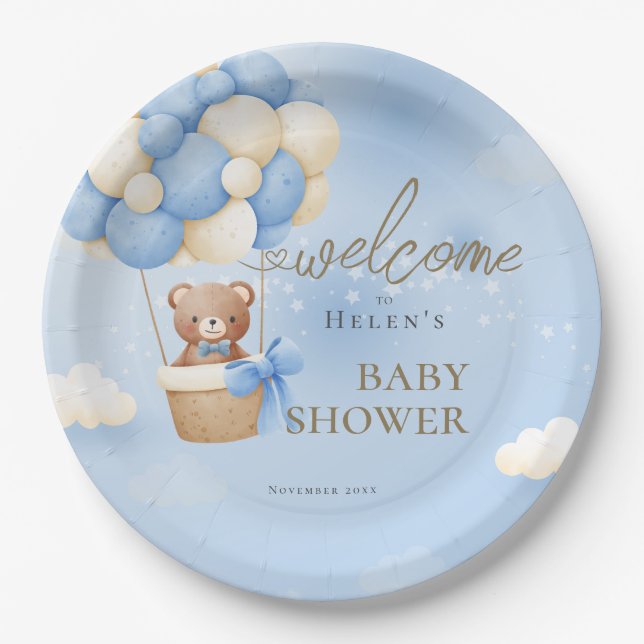 Wir können frühzeitig auf Blue Teddy Bear Baby Dus Pappteller (Vorderseite)