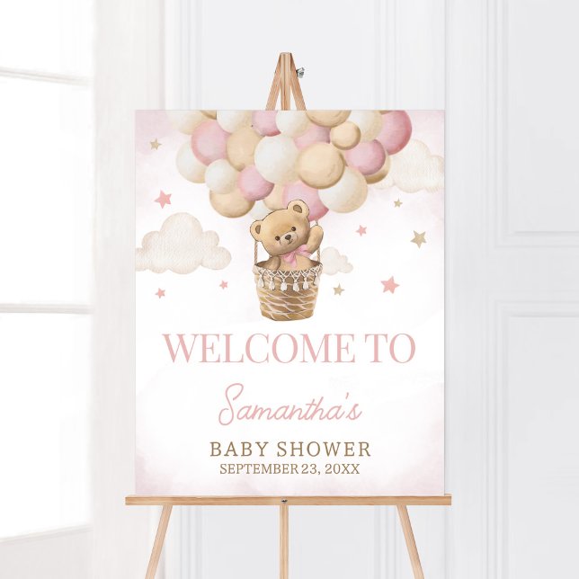 Wir können frühzeitig auf den Empfang eines rosa B Poster (Girl Teddy Bear Balloon Baby Shower Welcome Sign)