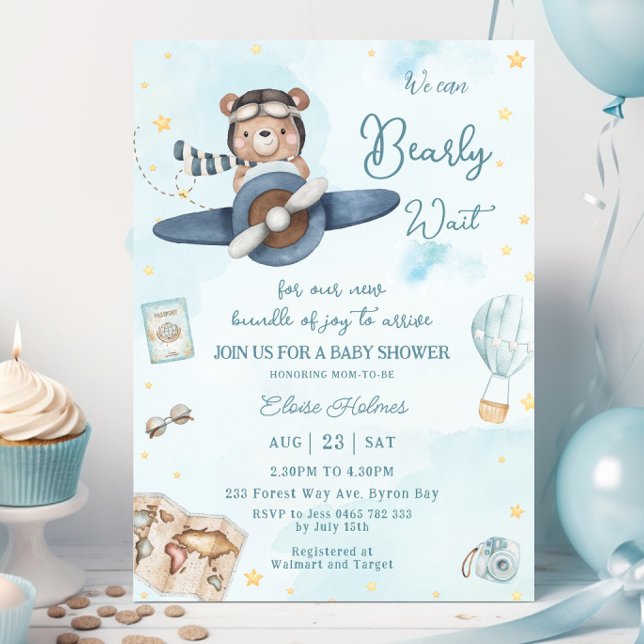 Wir können frühzeitig auf die Baby-Babydusche von  Einladung (aviation-cute-bear-riding-a-blue-plane-boy-baby-shower-we-can-bearly-wait-adventure-invitation-cards)