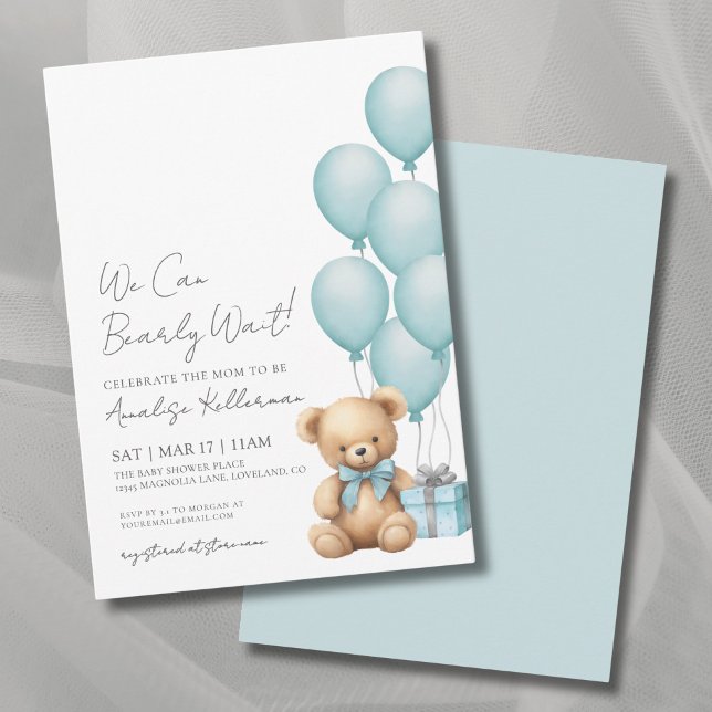 Wir können frühzeitig auf die Blue Bear Baby Dusch Einladung (We Can Bearly Wait Blue Bear Baby Shower Invitation)