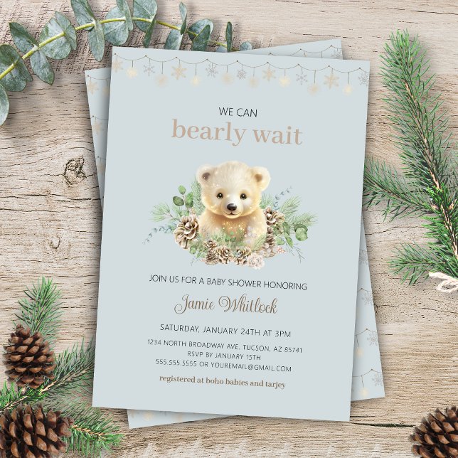 Wir können frühzeitig auf die Blue Boy Winter Baby Einladung (blue bohemian we can bearly wait elegant winter baby shower invitation with polar bear twinkle light)