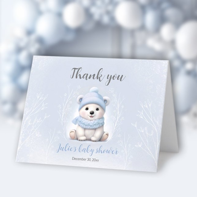 Wir können frühzeitig auf die Blue Polar Bear Baby Dankeskarte (We Can Bearly Wait Blue Polar Bear Baby Shower Thank You Card)