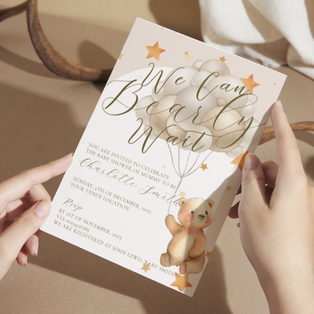 Wir können frühzeitig auf die Teddy Bear Balloons  Einladung (we can bearly wait bear theme baby shower invitation)