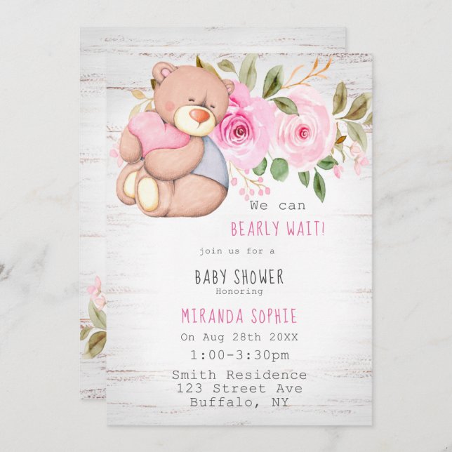 Wir können frühzeitig auf die Teddy Bear Girl Baby Einladung (Vorne/Hinten)